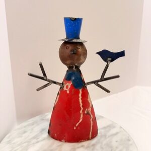 Primitive Scrap Metal Snowman Folk Art Sculpture Recycled Tin Rustic Holiday